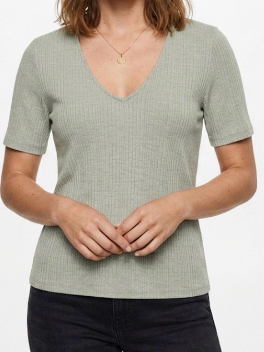 Mango Basics Ribbed V Neck Short Sleeve Top Sage Green Size Medium